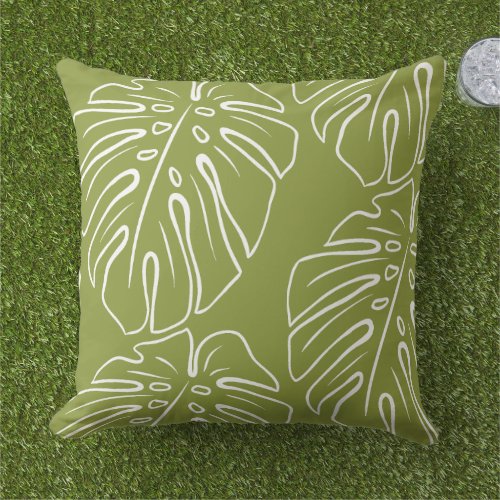 White Tropical Leaf Motif On Olive Green Outdoor Pillow