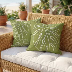 White Tropical Leaf Motif On Olive Green Outdoor Pillow