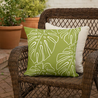 White Tropical Leaf Motif On Olive Green Outdoor Pillow