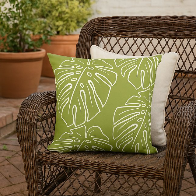 White Tropical Leaf Motif On Olive Green Outdoor Pillow (Creator Uploaded)