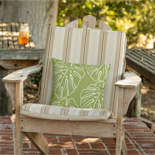 White Tropical Leaf Motif On Olive Green Outdoor Pillow