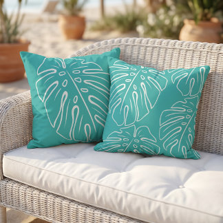 White Tropical Leaf Motif On Sea Blue Green Outdoor Pillow