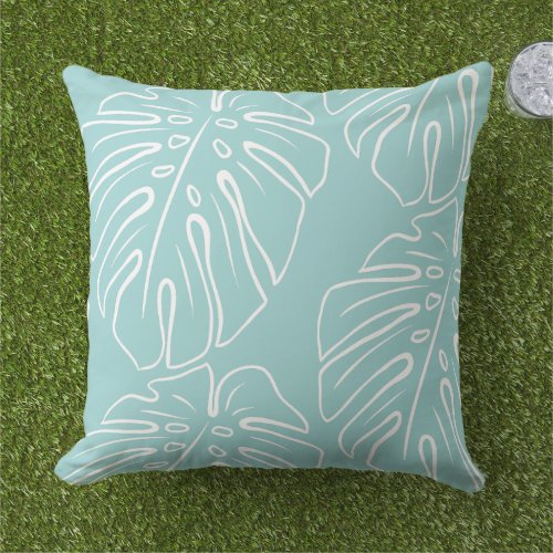 White Tropical Leaf Motif On Seaglass Green Blue Outdoor Pillow