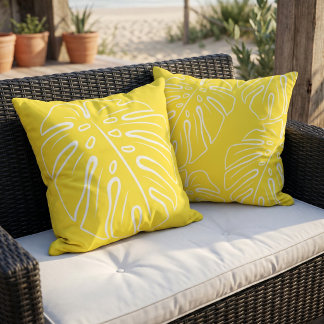 White Tropical Leaf Motif On Sunny Yellow Outdoor Pillow