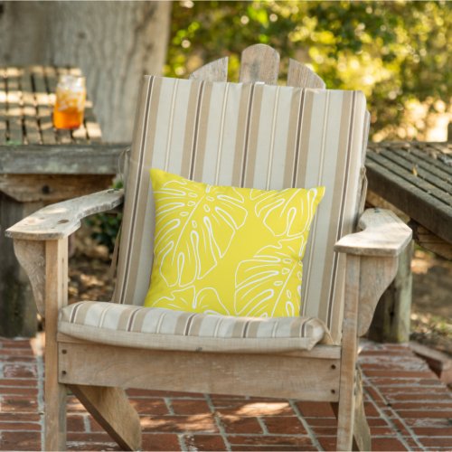 White Tropical Leaf Motif On Sunny Yellow Outdoor Pillow