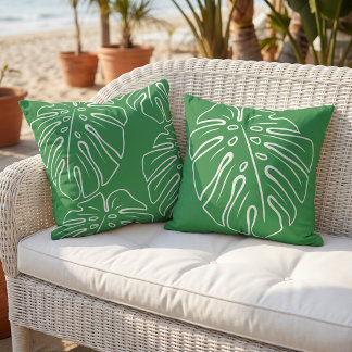 White Tropical Leaf Motif Rainforest Jungle Green Outdoor Pillow