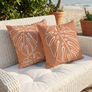 White Tropical Leaf Motif Sienna Orange Brown Outdoor Pillow
