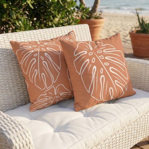 White Tropical Leaf Motif Sienna Orange Brown Outdoor Pillow