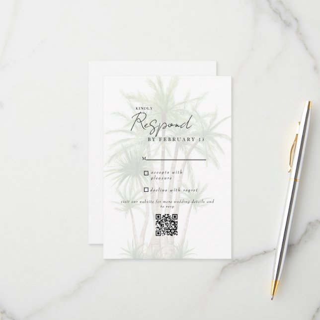 White Tropical Modern Wedding QR Code RSVP  Card (Front/Back In Situ)