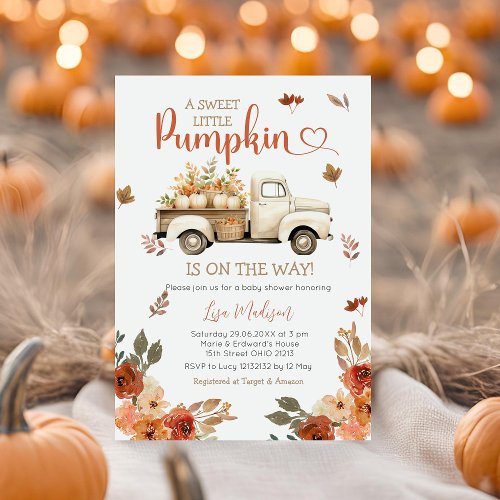 White Truck Pumpkin Baby Shower Fall leaves Invitation