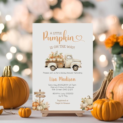 White Truck Pumpkin is on the way Baby Shower Girl Invitation