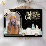 White Truck Snowman Christmas Photo Black Gold Foil Holiday Card<br><div class="desc">Amaze your guests with this elegant woodland theme winter Christmas card featuring a cute white truck and adorable snowman with real gold foil elements.  Simply add your text on this easy-to-use template and adorn this card with your favorite photo to make it a one-of-a-kind holiday card.</div>