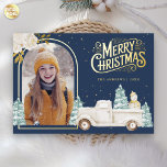 White Truck Snowman Christmas Photo Navy Blue Gold Foil Holiday Card<br><div class="desc">Amaze your guests with this elegant woodland theme winter Christmas card featuring a cute white truck and adorable snowman with real gold foil elements.  Simply add your text on this easy-to-use template and adorn this card with your favorite photo to make it a one-of-a-kind holiday card.</div>