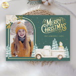 White Truck Snowman Christmas Photo Teal Gold Foil Holiday Card<br><div class="desc">Amaze your guests with this elegant woodland theme winter Christmas card featuring a cute white truck and adorable snowman with real gold foil elements.  Simply add your text on this easy-to-use template and adorn this card with your favorite photo to make it a one-of-a-kind holiday card.</div>