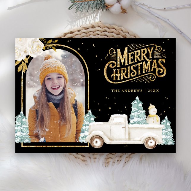 White Truck Snowman Gold Christmas Photo Black Holiday Card (Creator Uploaded)