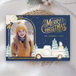 White Truck Snowman Gold Christmas Photo Navy Blue Holiday Card<br><div class="desc">Amaze your guests with this elegant woodland theme winter Christmas card featuring a cute white truck and adorable snowman with white flowers.  Simply add your text on this easy-to-use template and adorn this card with your favorite photo to make it a one-of-a-kind holiday card.</div>