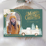 White Truck Snowman Gold Christmas Photo Teal Holiday Card<br><div class="desc">Amaze your guests with this elegant woodland theme winter Christmas card featuring a cute white truck and adorable snowman with white flowers.  Simply add your text on this easy-to-use template and adorn this card with your favorite photo to make it a one-of-a-kind holiday card.</div>