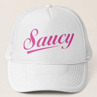 White Trucker Hat with a Pink Saucy logo