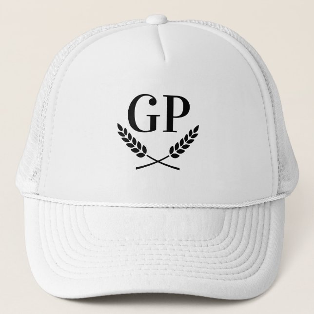 White trucker hat with laurel crest monogram logo (Front)