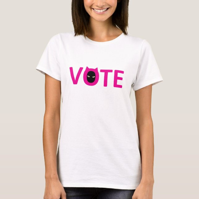White tshirt, pink word VOTE with cat face in O T-Shirt (Front)