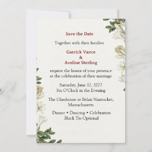 White Tuberose, Boxwood Foliage, Botanical Line Ar Invitation