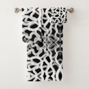 White Tubular Piping On Black Bath Towel Set