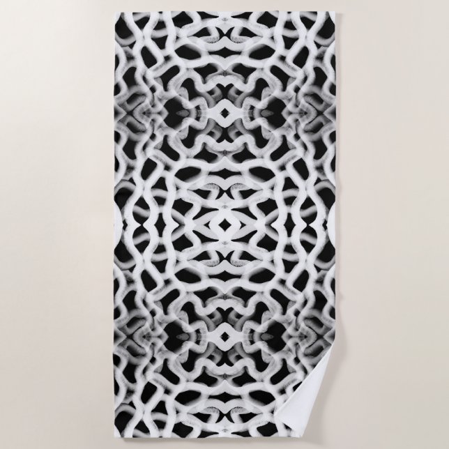 White Tubular Piping On Black  Beach Towel (Front)