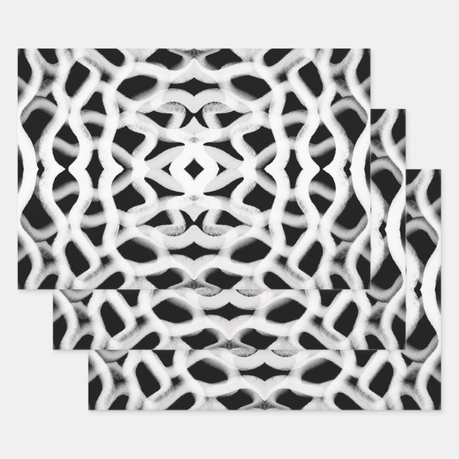 White Tubular Piping On Black  Wrapping Paper Sheets (Set)