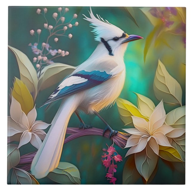White Tufted Teal Wing Jay Fantasy Bird Ceramic Tile (Front)