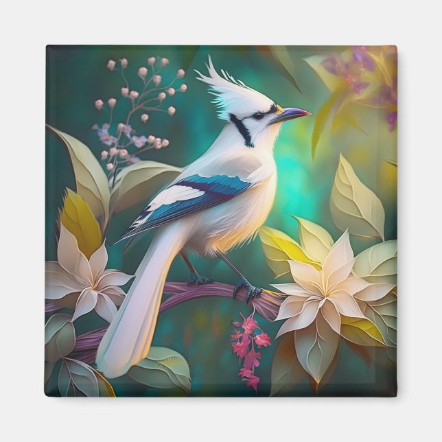 White Tufted Teal Wing Jay Fantasy Bird Magnet (Front)