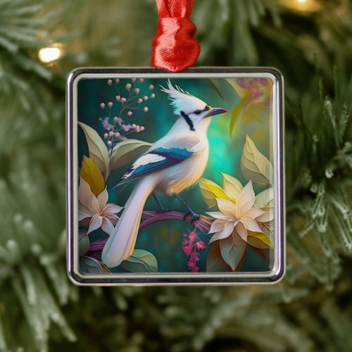 White Tufted Teal Wing Jay Fantasy Bird Metal Ornament