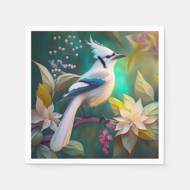 White Tufted Teal Wing Jay Fantasy Bird Napkins (Front)