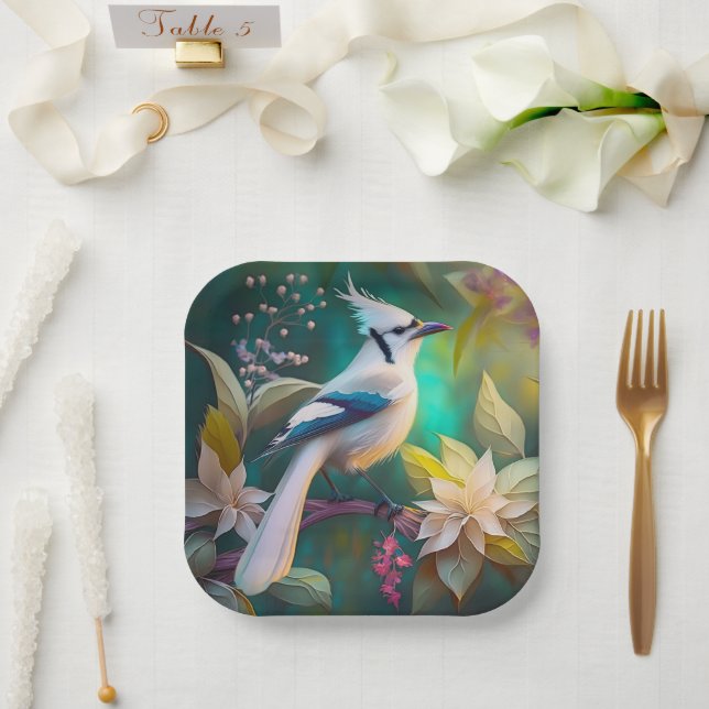 White Tufted Teal Wing Jay Fantasy Bird Paper Plates (Wedding)
