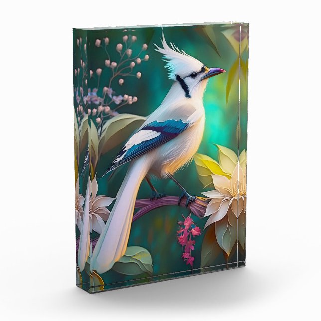 White Tufted Teal Wing Jay Fantasy Bird Photo Block (Left)
