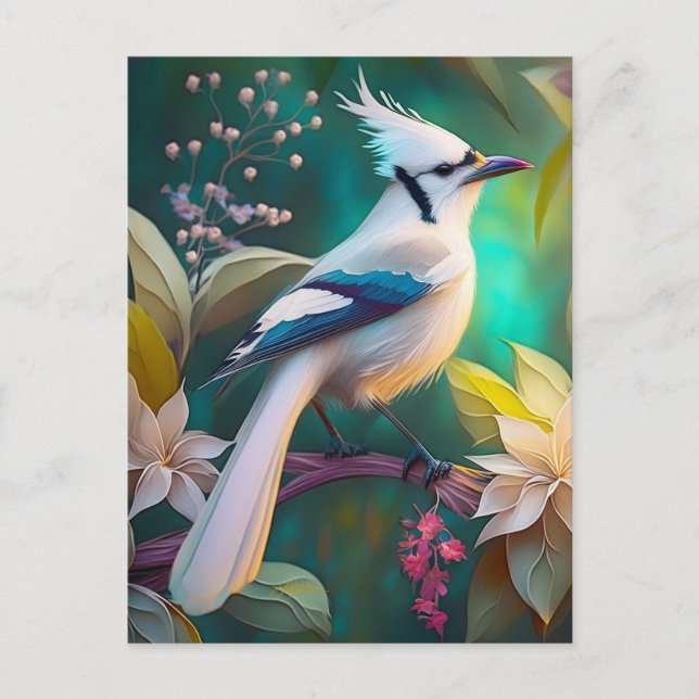 White Tufted Teal Wing Jay Fantasy Bird Postcard (Front)