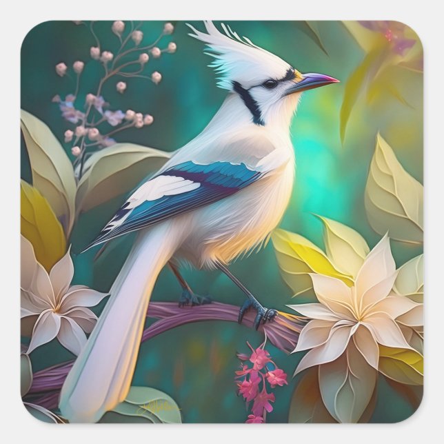 White Tufted Teal Wing Jay Fantasy Bird Square Sticker (Front)