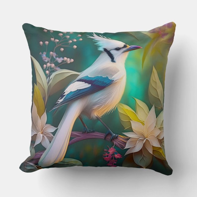 White Tufted Teal Wing Jay Fantasy Bird Throw Pillow (Front)