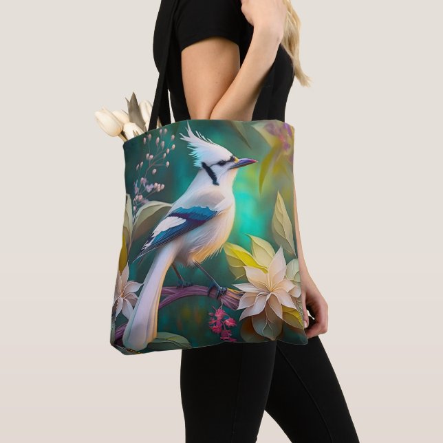 White Tufted Teal Wing Jay Fantasy Bird Tote Bag (Close Up)