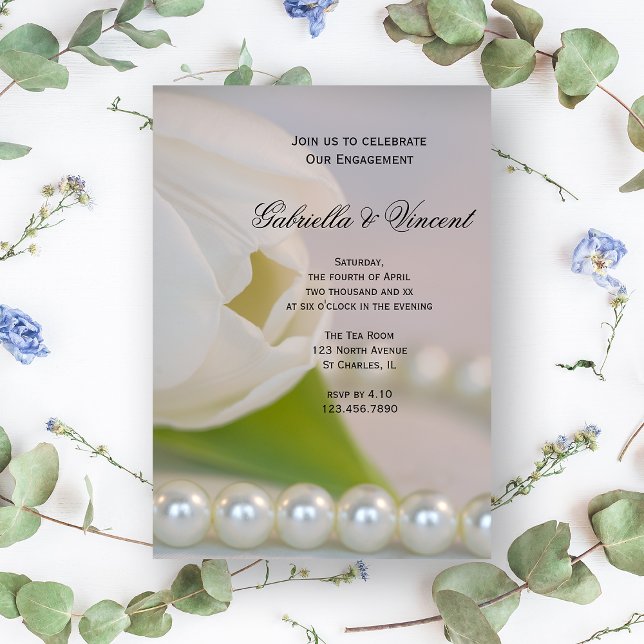 White Tulip and Pearls Spring Engagement Party Invitation (Creator Uploaded)