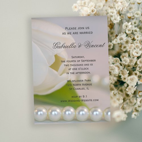 White Tulip and Pearls Spring Wedding Invitation