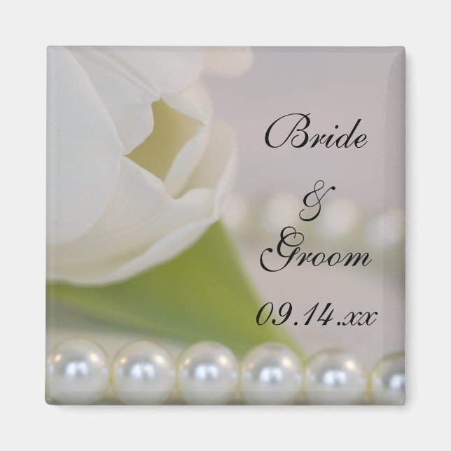White Tulip and Pearls Spring Wedding Magnet (Front)