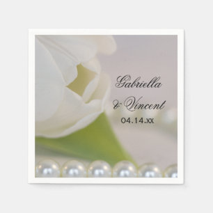 White Tulip and Pearls Spring Wedding Paper Napkins
