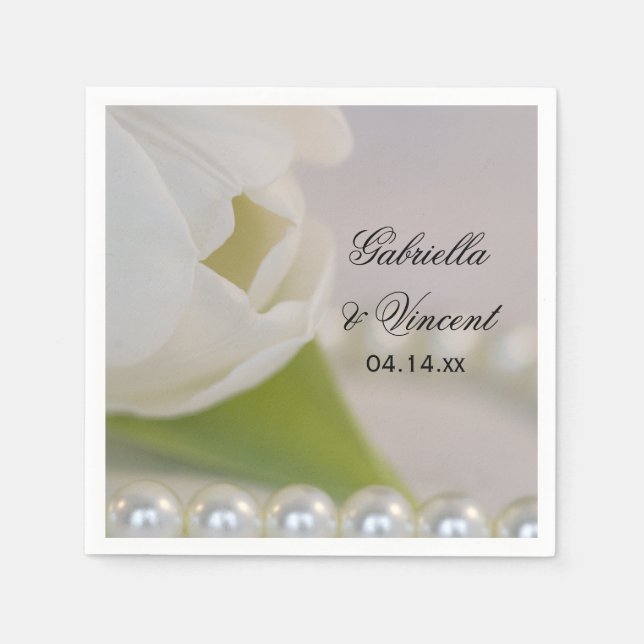 White Tulip and Pearls Spring Wedding Paper Napkins (Front)
