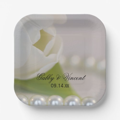 White Tulip and Pearls Spring Wedding Paper Plates