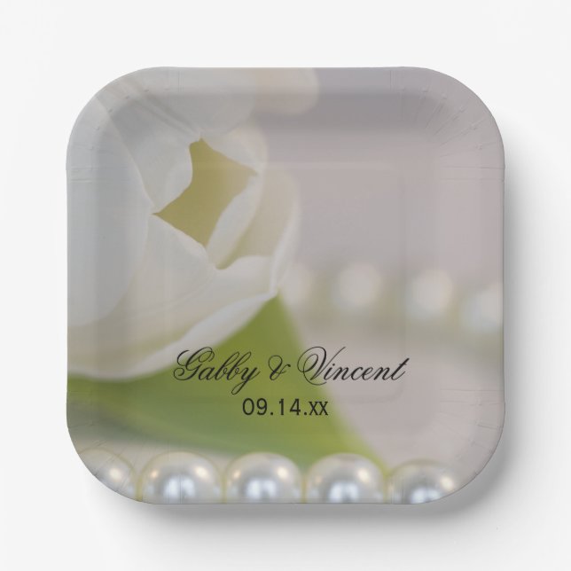 White Tulip and Pearls Spring Wedding Paper Plates (Front)
