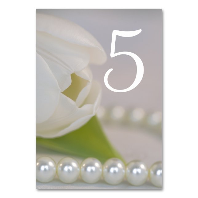 White Tulip and Pearls Spring Wedding Table Number (Front)