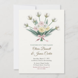 White Tulip and Ranunculus Ribbon Bouquet Invite