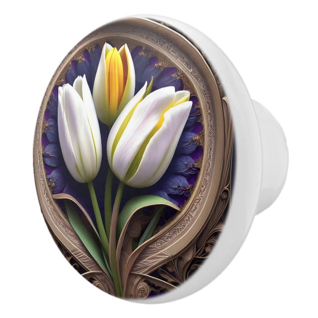 White Tulip Art Nouveau Design, Ceramic Knob (Right)