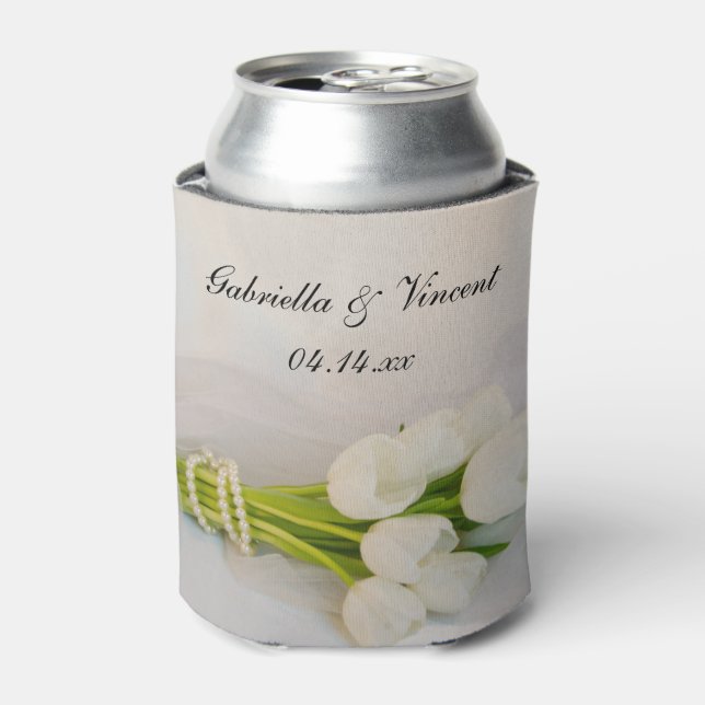 White Tulip Bouquet Spring Wedding Favors Can Cooler (Can Front)