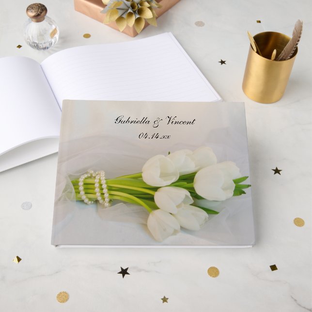 White Tulip Bouquet Spring Wedding Guest Book (Front Open)
